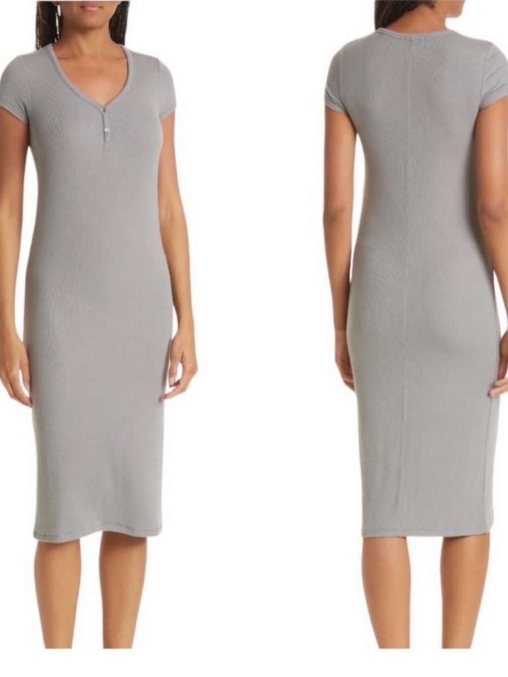 ATM Anthony Thomas Melillo Gray Stretch Modal Ribbed Henley Midi Dress size M